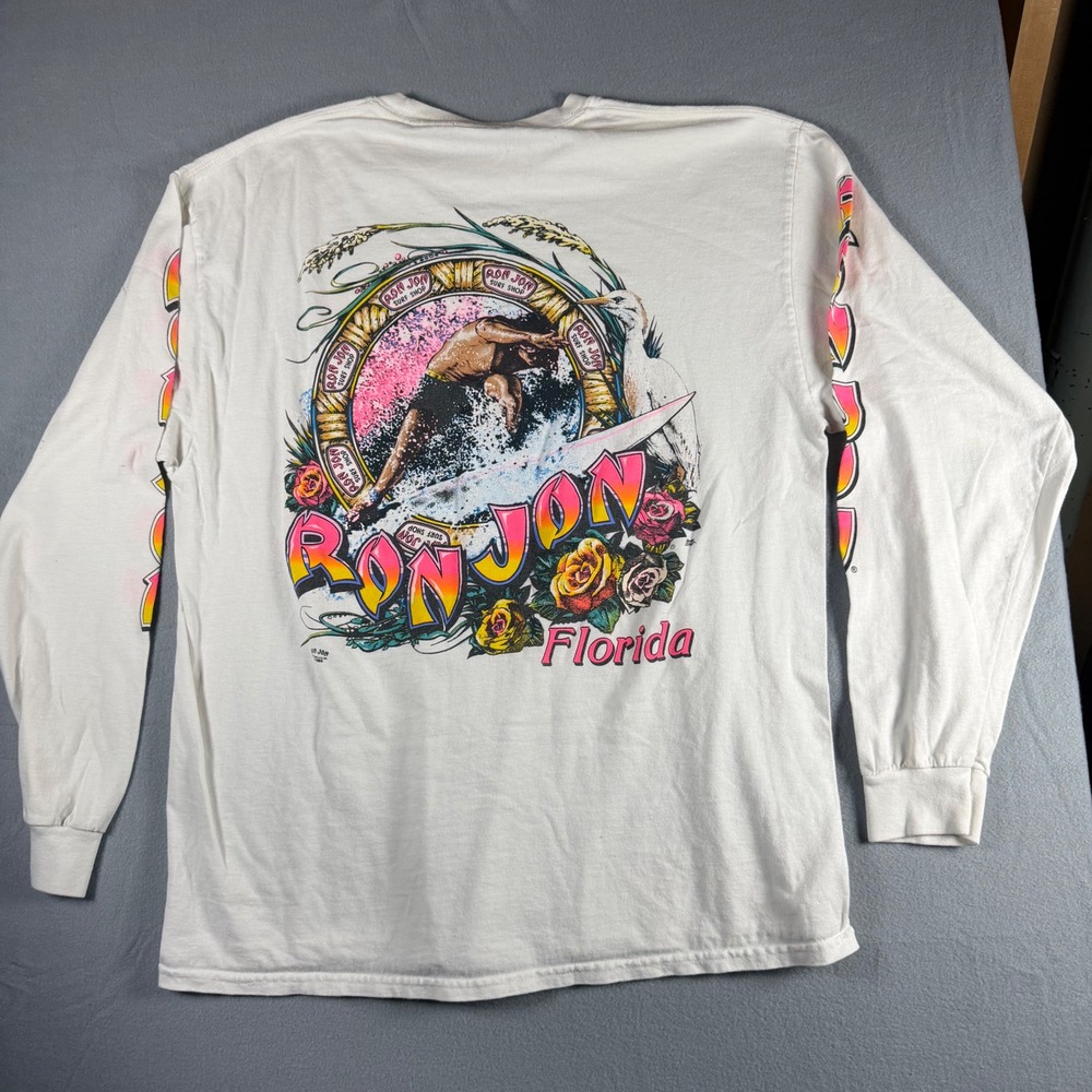 Vintage 1989 Ron Jon Surf Shop Florida Mens White Long Sleeve Graphic T-Shirt XL